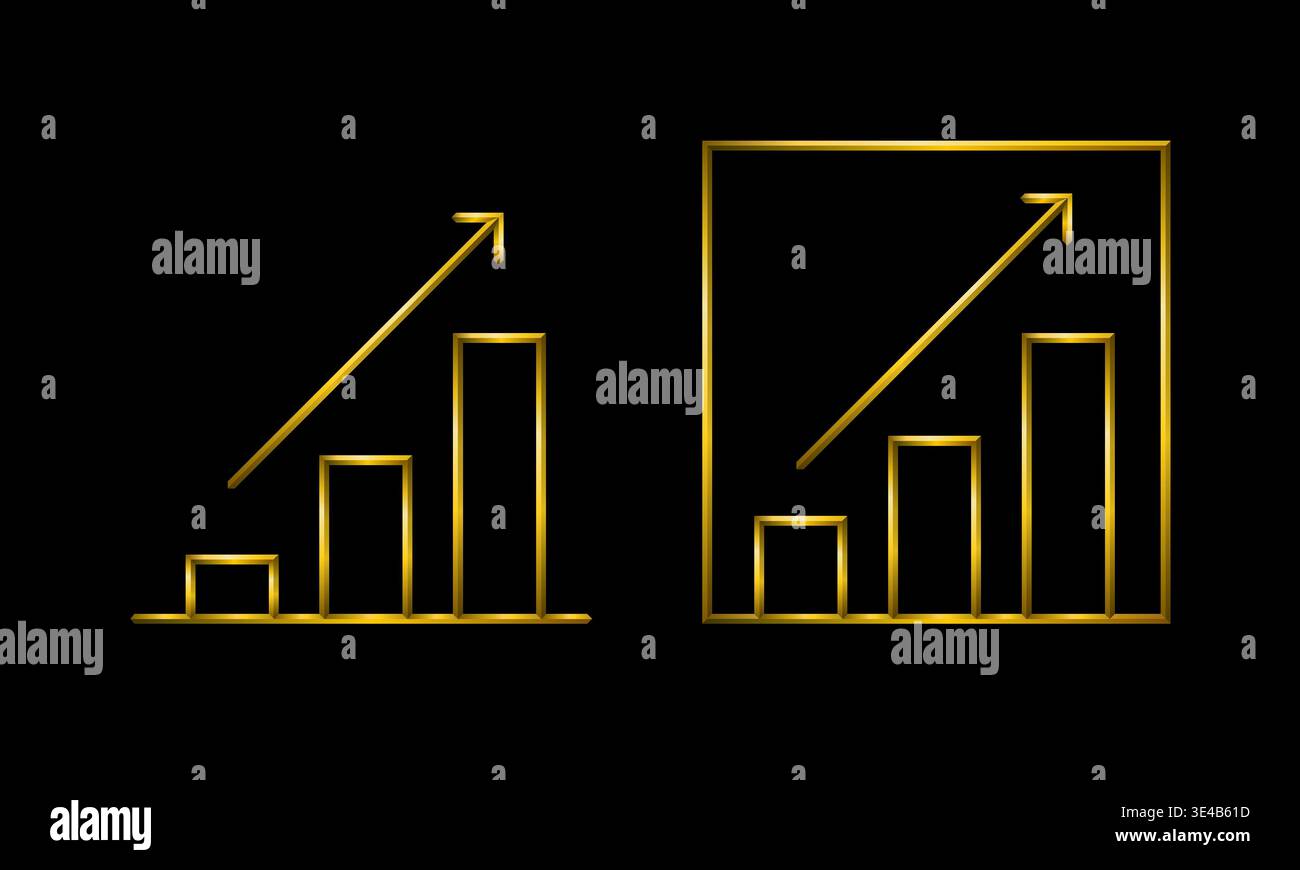 Data chart graph, tridimensional metallic golden lines, black background. Stock Vector