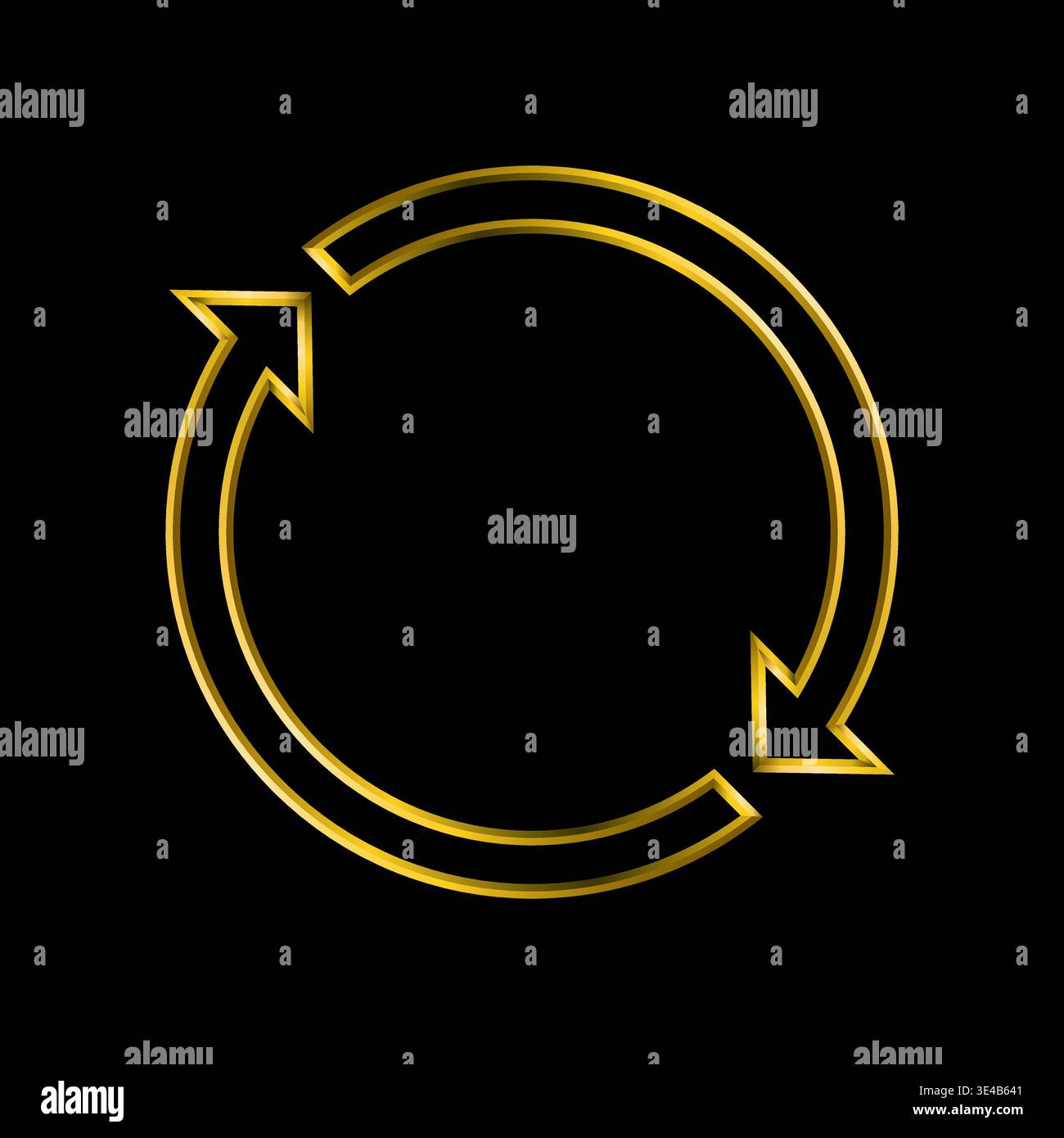 Circular arrows in golden 3d metallic thin lines. Repeat, reload, rewind, refresh, reset, luxury icon. Metallic symbols set collection. Stock Vector