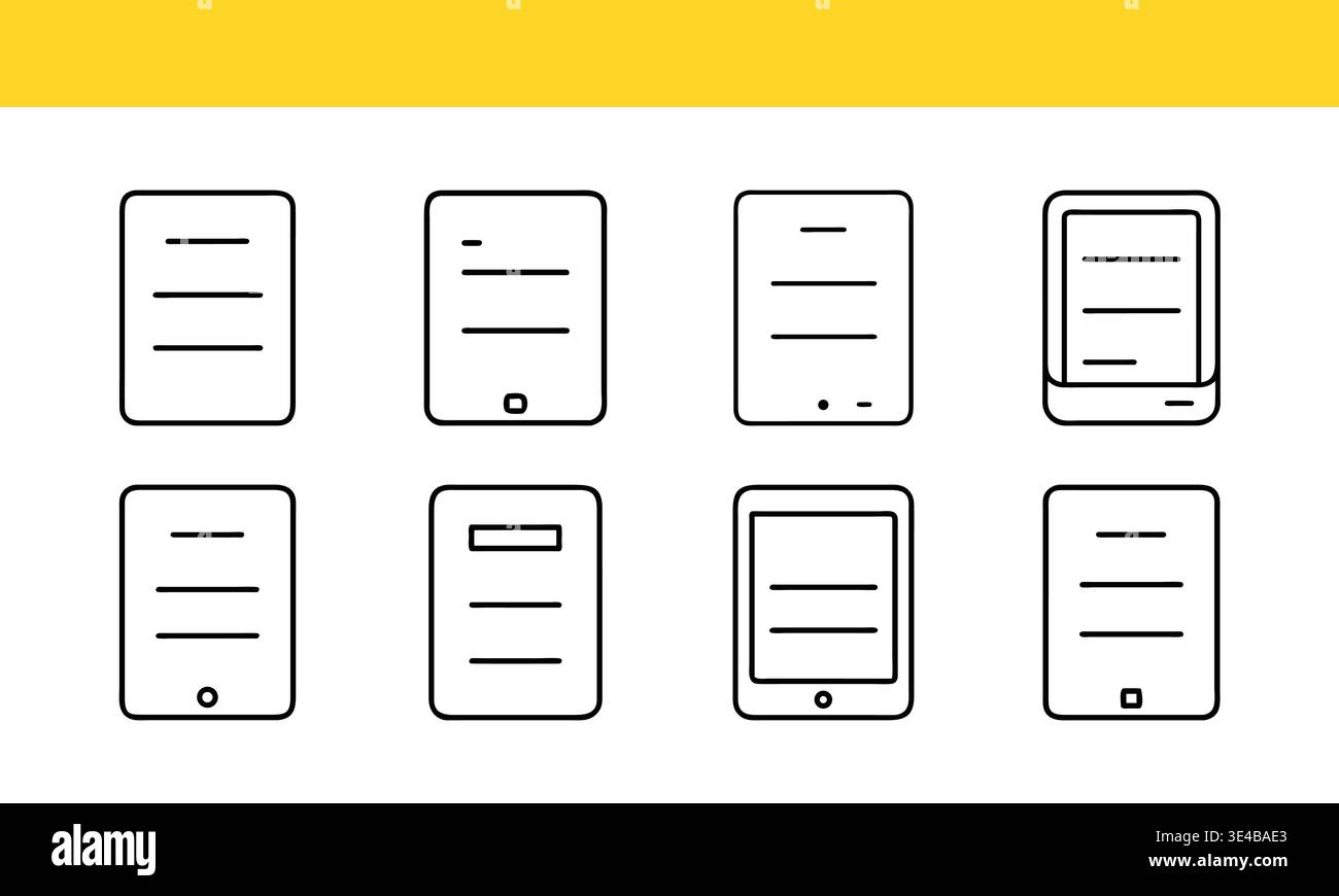 Tablet and E-Reader Line Art Illustrations – Modern Digital Devices Design Stock Vector