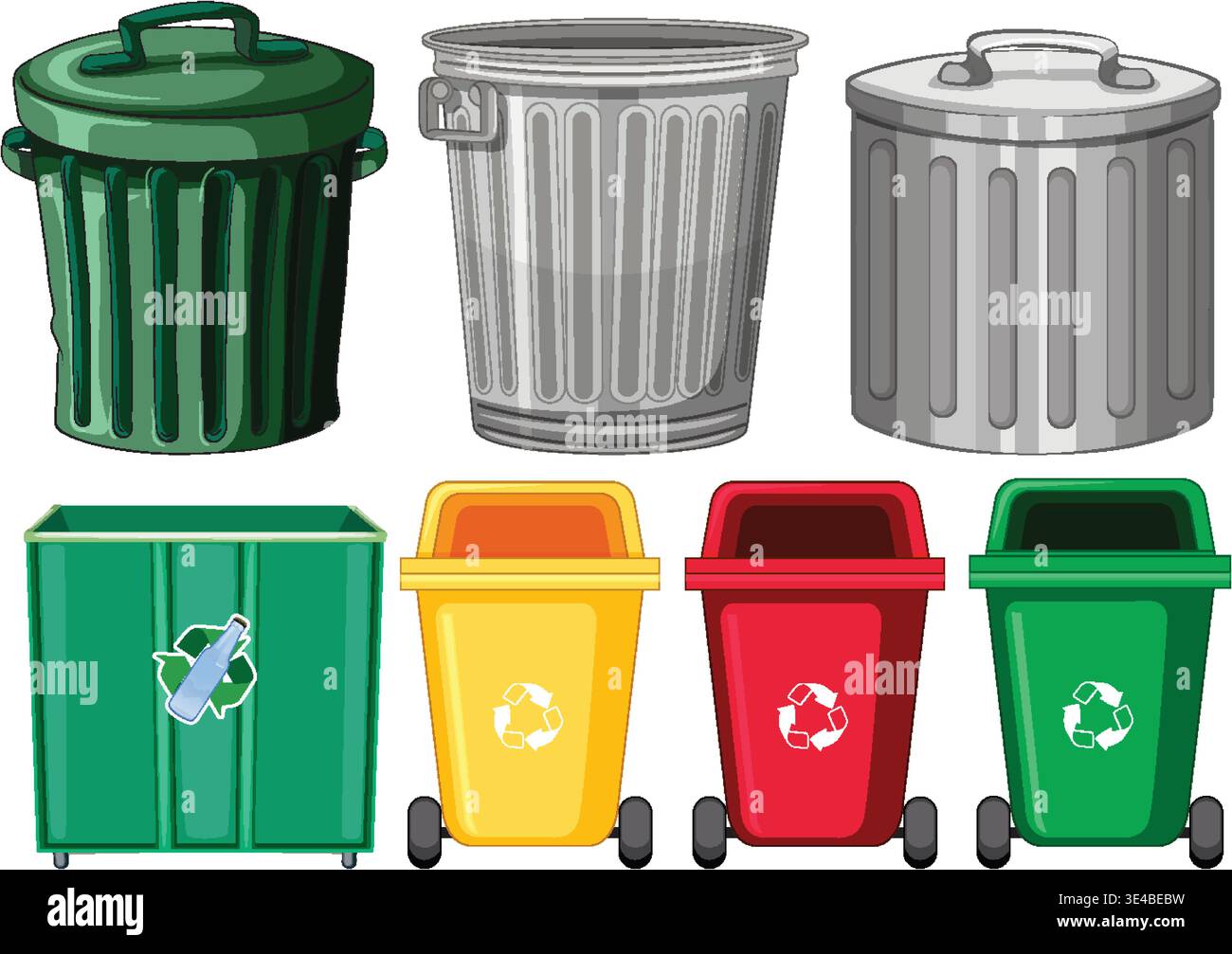 Flat vector illustration of colorful recycling and trash bins arranged in two organized rows. Stock Vector