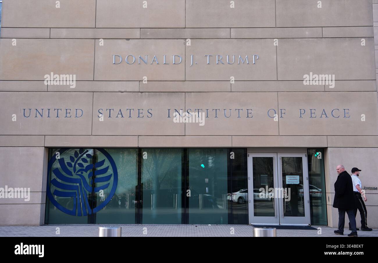 FILE - President Donald Trump's name is seen on the U.S. Institute of ...