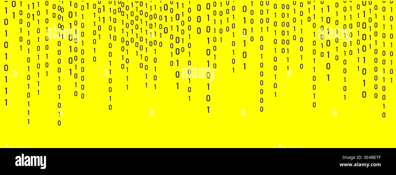 Binary Rain background. Hacker code and falling numbers on computer. Dynamic light effect and data flow. Programming symbols on futuristic yellow Stock Vector