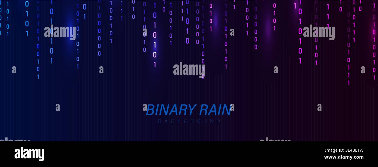 Binary Rain background. Falling numbers and hacker code on computer. Glowing programming symbols on neon backdrop. Vector illustration Stock Vector