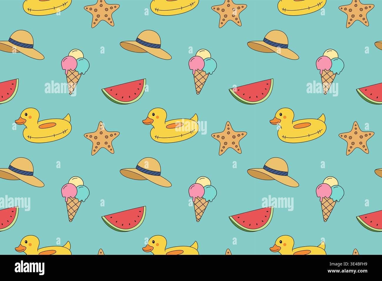 Seamless doodle summer beach elements pattern background design. Stock Vector