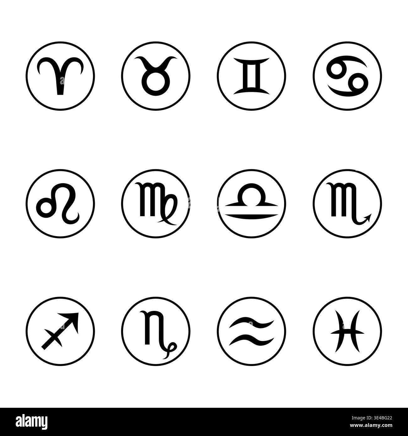 Black zodiac symbols arranged neatly against a white background. Simple clean design, perfect for modern digital projects. Each sign clearly visible w Stock Vector