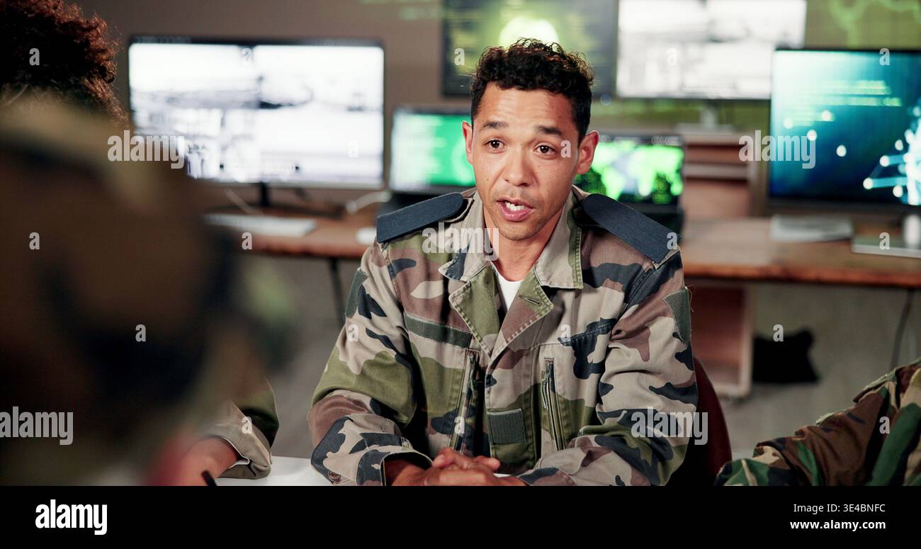 Man In Control Meeting, speaking or army man in control room, tactical briefing or ...