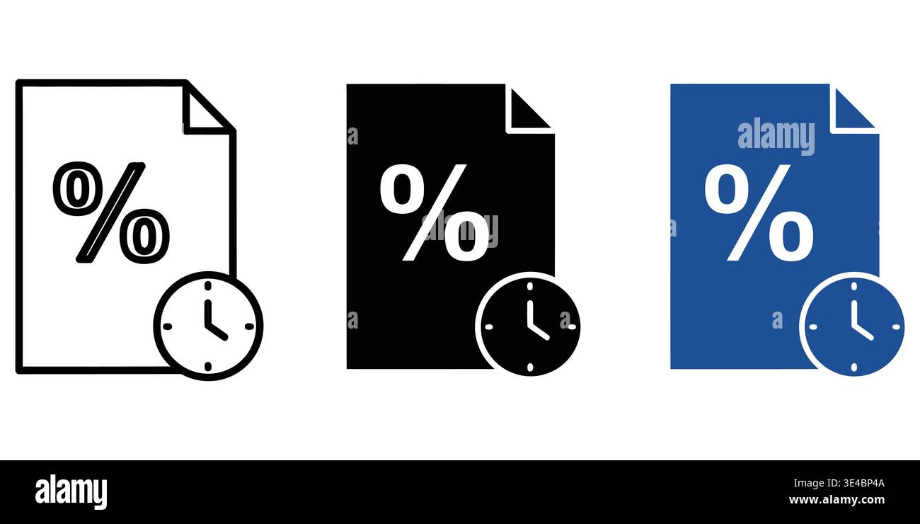 Set of three document icons featuring a percentage symbol and a small clock for time sensitive data Stock Vector