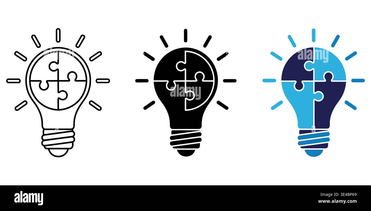 Three variations of a light bulb icon featuring a four piece puzzle design for creative problem Stock Vector