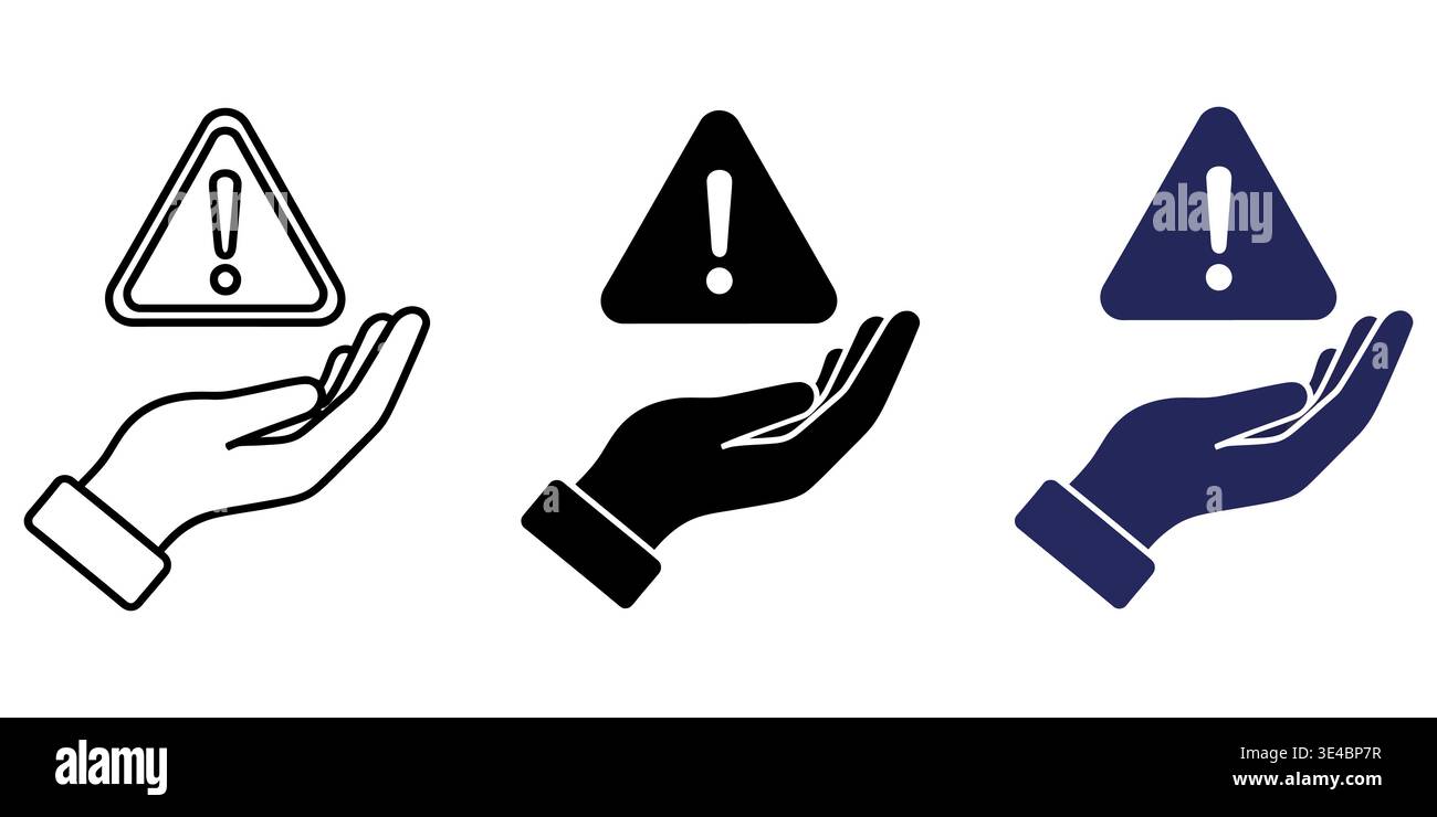 Three variations of a hand holding an exclamation mark warning triangle ...