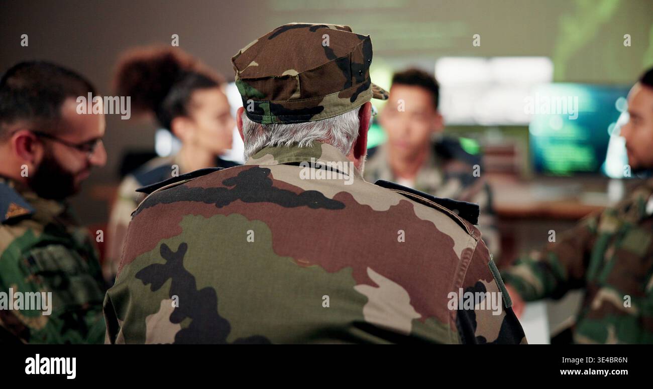 Meeting, planning or military people in control room, tactical briefing or strategic idea for mission. Army coordination, brainstorming or team with Stock Photo
