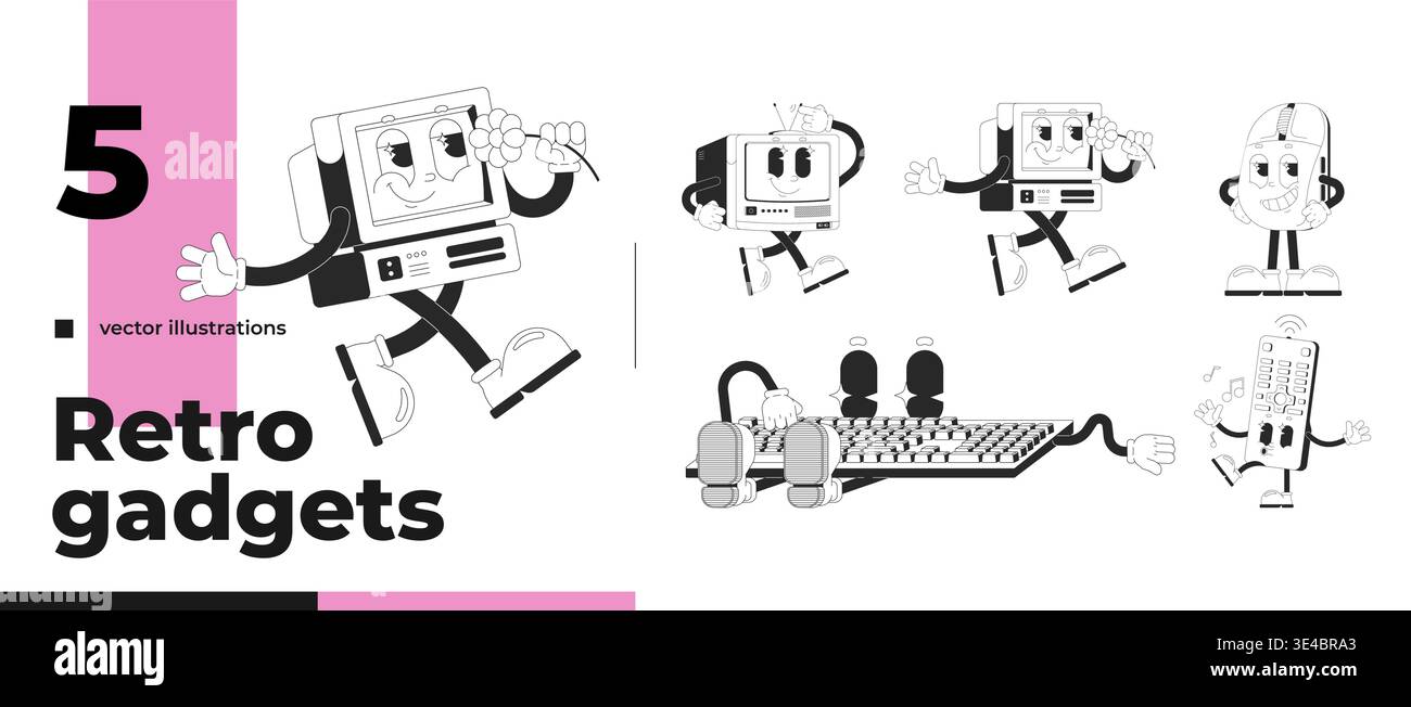 Computer and tech outline groovy mascot characters pack Stock Vector