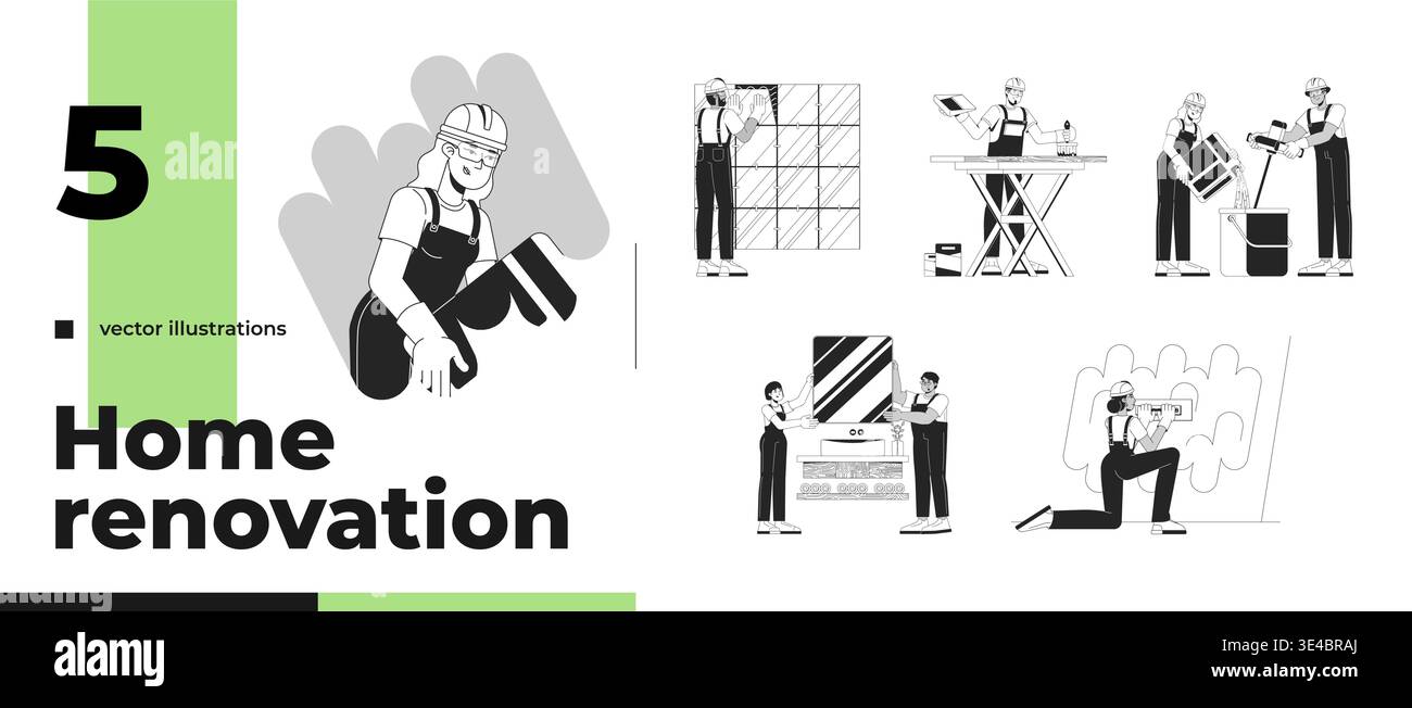 Home renovation and construction work outline illustrations pack Stock Vector