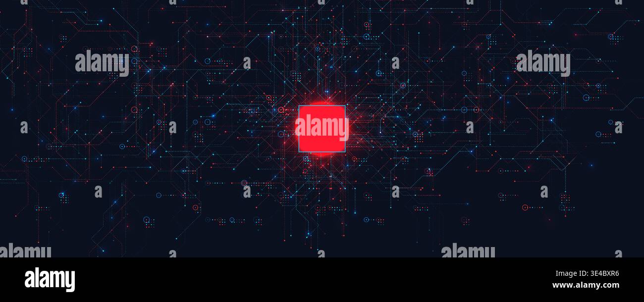 AI Circuit Background Data Security Tech Red Pattern, Brain Chip Line Fraud Cyber Attack, Semiconductor Intelligence Microchip Abstract Network Stock Vector