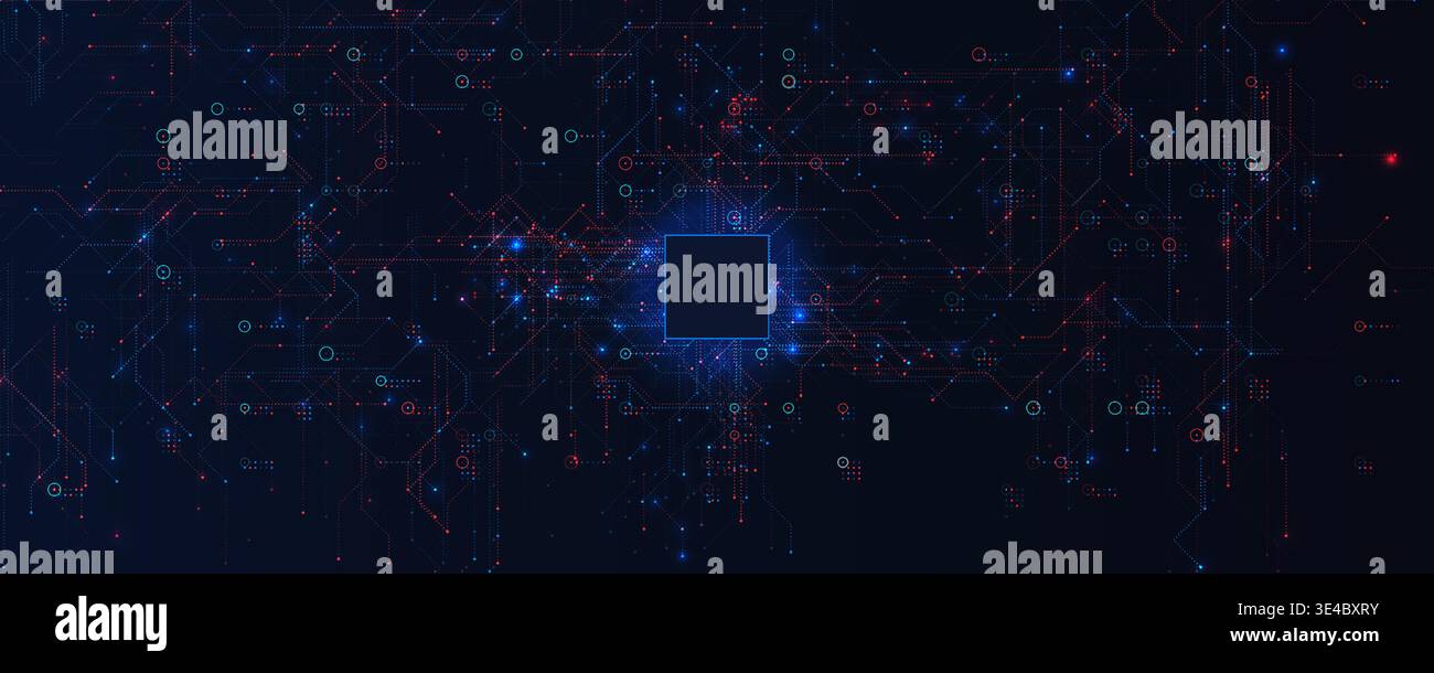AI Circuit Background Data Board Tech Pattern, Electronic Brain Chip Line Connect, Semiconductor Intelligence Microchip Abstract Network. Futuristic Stock Vector