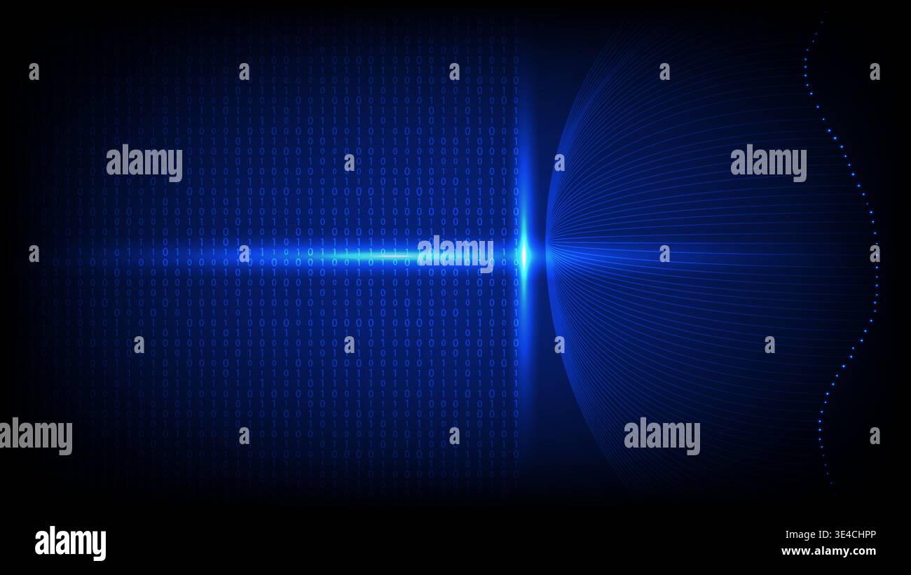 Abstract technology background featuring binary data stream, digital wave and glowing light effects Stock Vector
