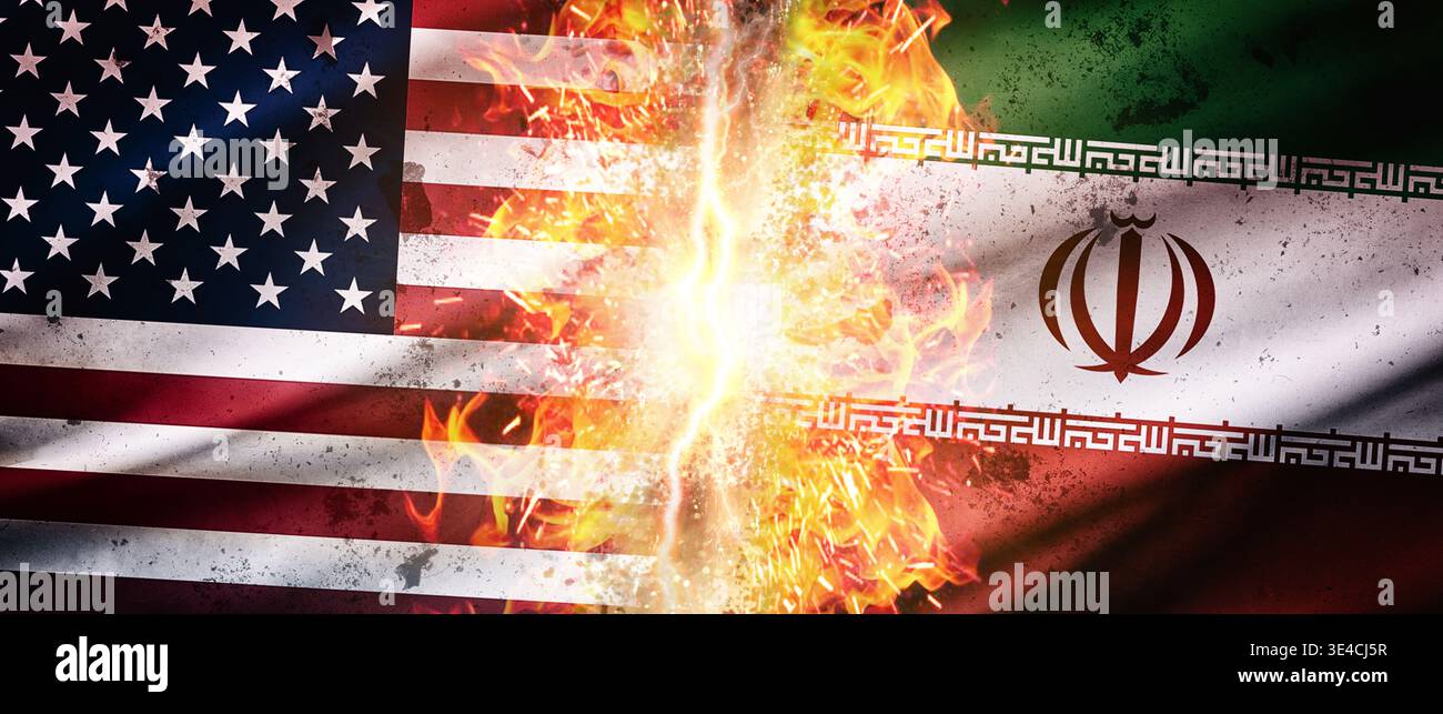 American and Iranian flags meet in fiery explosion, depicting intense ...