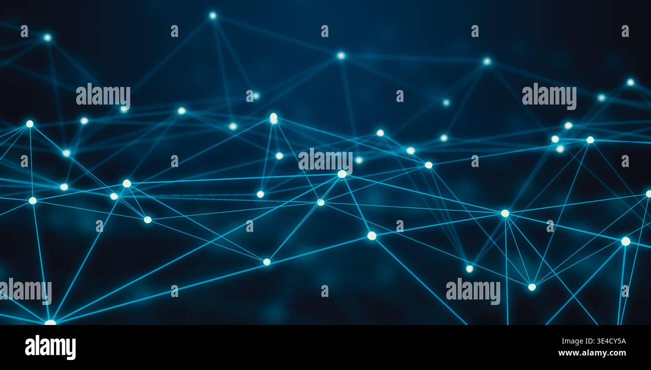 Abstract background with a technological network structure featuring blue dots and lines representing global connectivity. Flow of information and dat Stock Photo