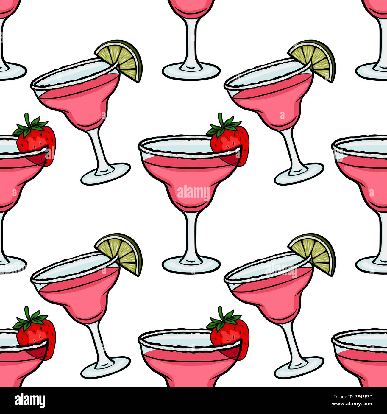 Seamless vector pattern of pink strawberry margaritas with lime and garnish Stock Vector