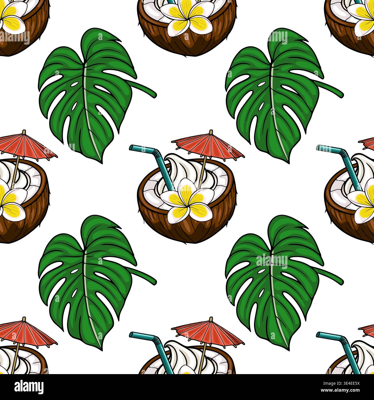 Tropical coconut cocktail and monstera leaf seamless pattern vector  illustration Stock Vector Image & Art - Alamy