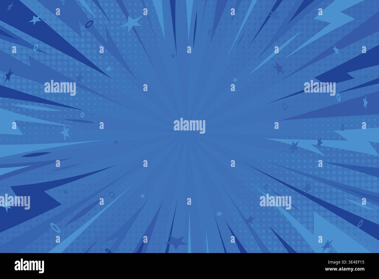 Comic book explosion blue background with lightning and thunder flash. Pop art radial backdrop. Anime dynamic speed motion banner. Superhero template Stock Vector