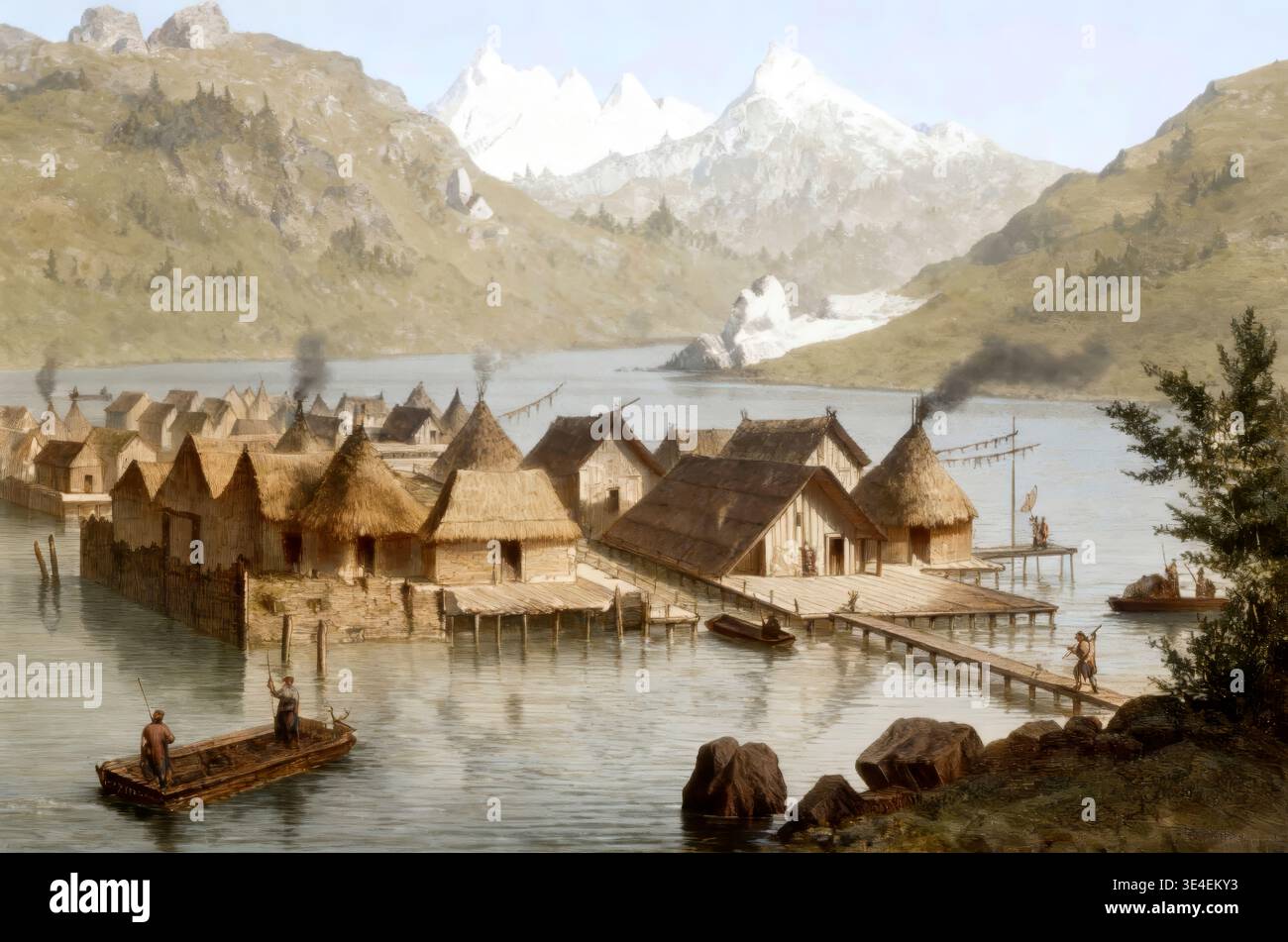Historical illustration, 19th century, prehistoric pile dwellings in Switzerland around the Alps Stock Photo