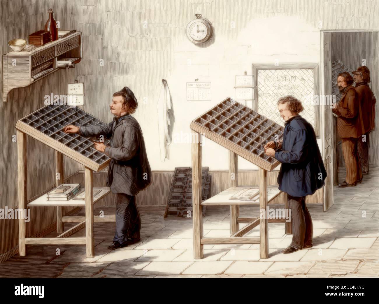 Manual typesetting letter-by-letter, 19th century Stock Photo - Alamy