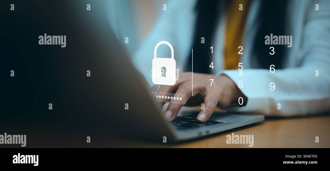 Cyber security and data privacy protection concept.Information technology safety and encrypted data access.Businesswoman entering password on laptop f Stock Photo