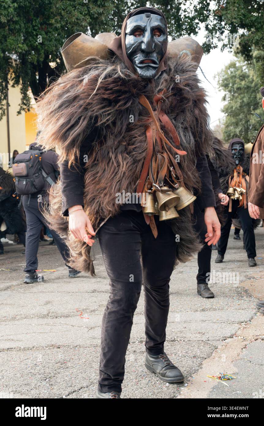 Mamuthones carnival participants preparing traditional costume in Mamoiada Sardinia, Italy Stock Photo