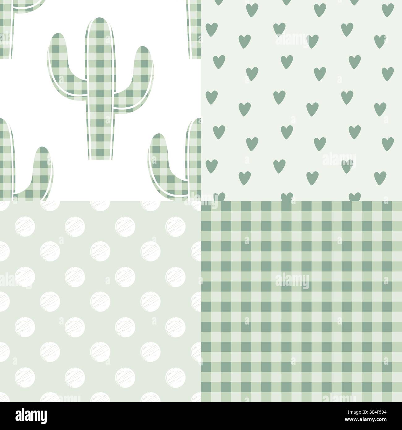Seamless patchwork pattern with kawaii gingham cacti, hearts, and polka dot. Vector illustration. Stock Vector