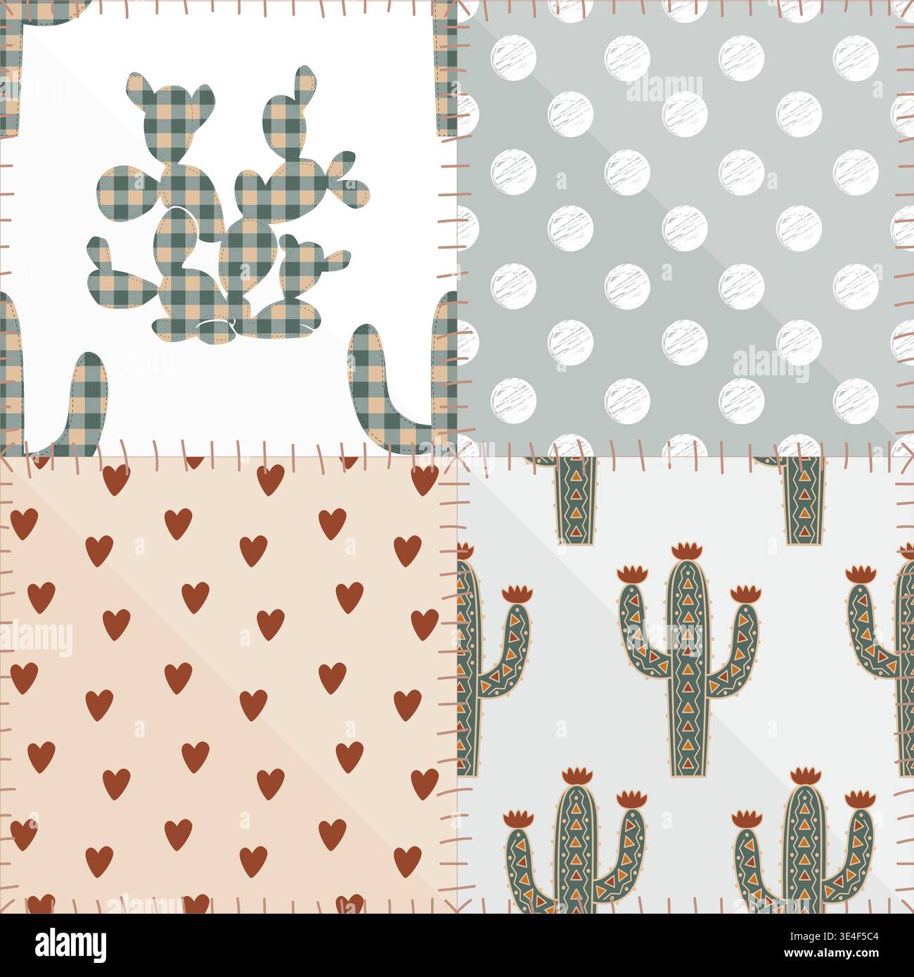 Seamless patchwork gingham pattern with kawaii cacti, hearts, polka dot, and stylized sews. Vector illustration. Stock Vector