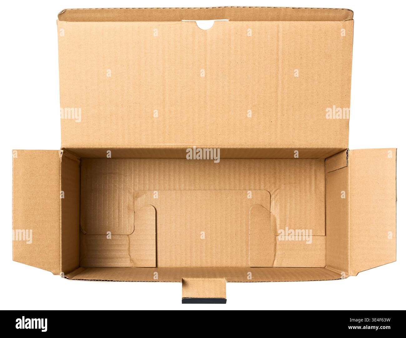 empty open rectangular cardboard box isolated white background, corrugated brown paper material with flaps spread out, mockup template top view Stock Photo