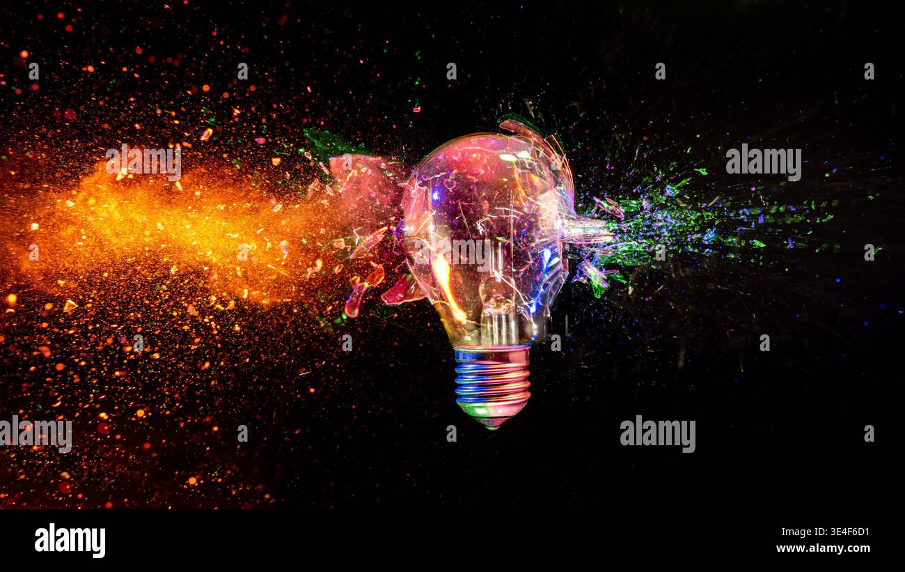 real Light bulb exploding into colorful glass fragments Stock Photo