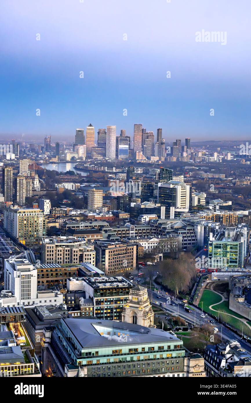 View from Sky Garden over the skyline of the city London with Canary Wharf business district in the background in winter, England, UK Stock Photo