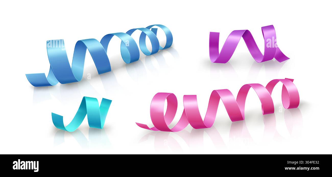 Colorful curly satin ribbons in purple, pink and blue with reflection on white surface background. Realistic 3d gift tape strips for Christmas or birthday celebration decoration - vector set. Stock Vector