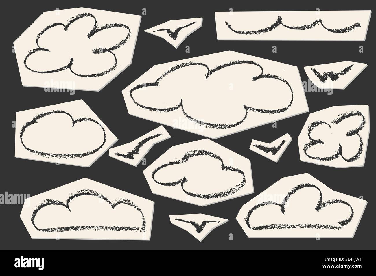 Soft pastel crayon set featuring hand-drawn clouds, rainbows, moons, and arrows. Whimsical chalk-style clipart elements with gentle textures for Stock Vector