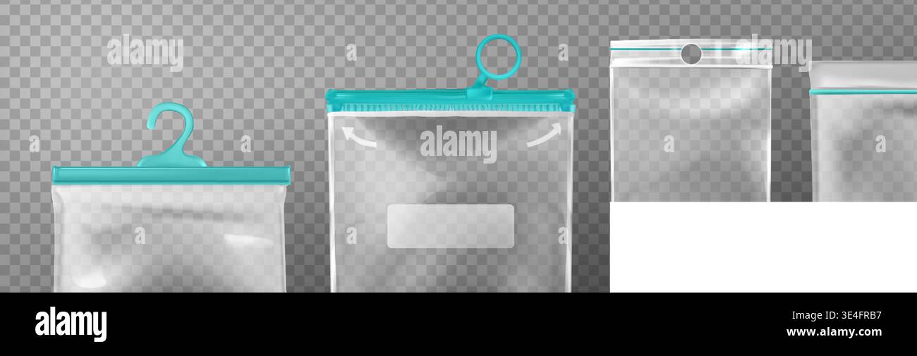 Plastic bag mockup set with transparent ziplock pouches and vinyl packaging. Realistic clear zip bags with resealable closures, handles and blank sealed envelopes for food storage templates. Stock Vector