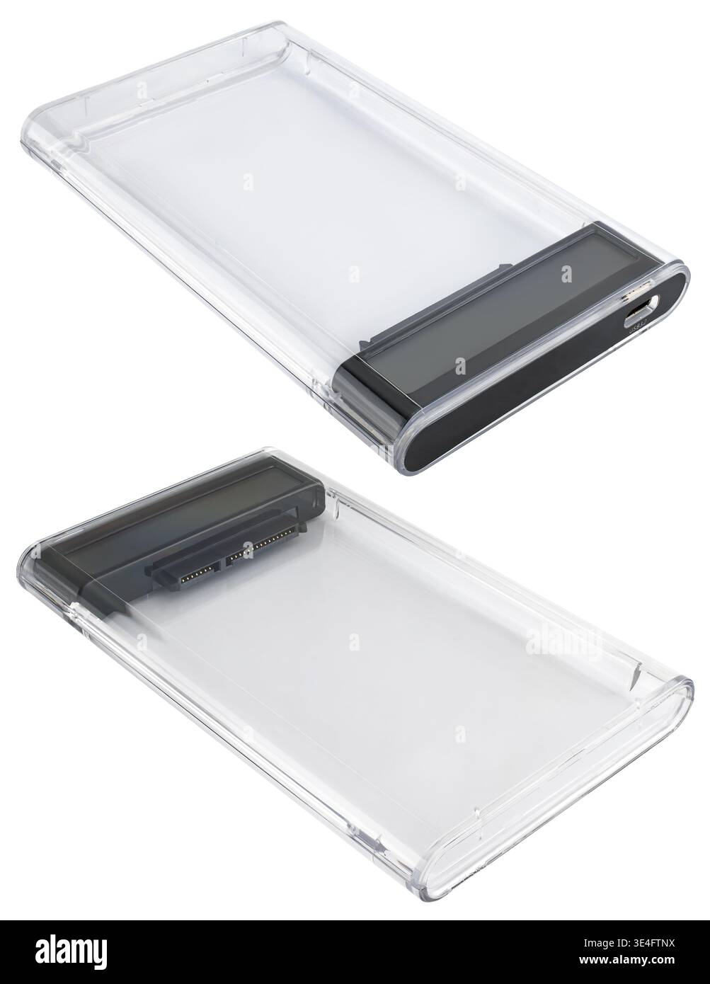 Hard drive or SSD enclosure with quick-connect functionality and a compact design, shown against Stock Photo