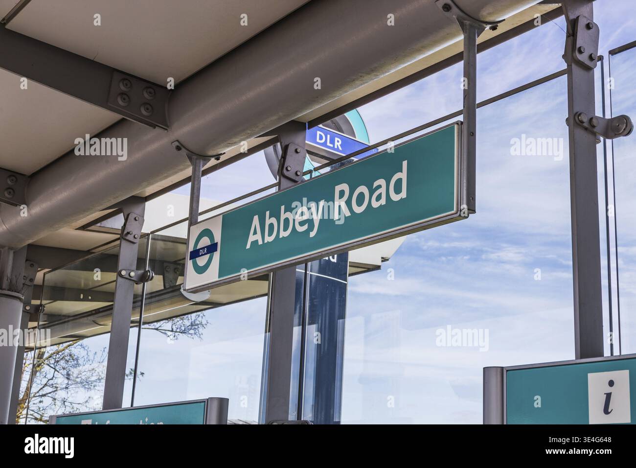 Abbey Road DLR station sign in London, Docklands Light Railway, modern ...