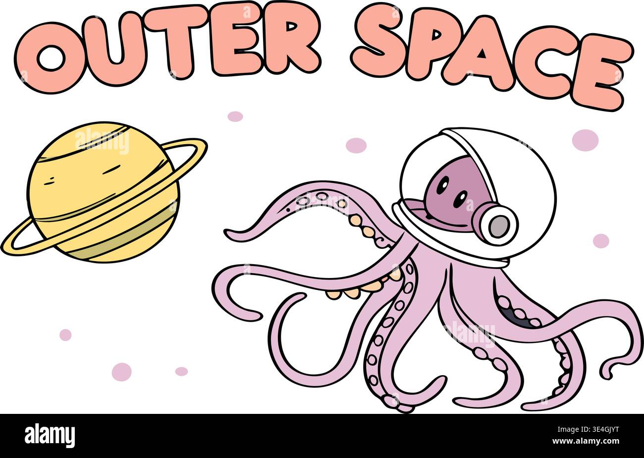 Cute octopus astronaut in outer space with planet saturn and cosmic stars cartoon vector illustration for kids. Stock Vector