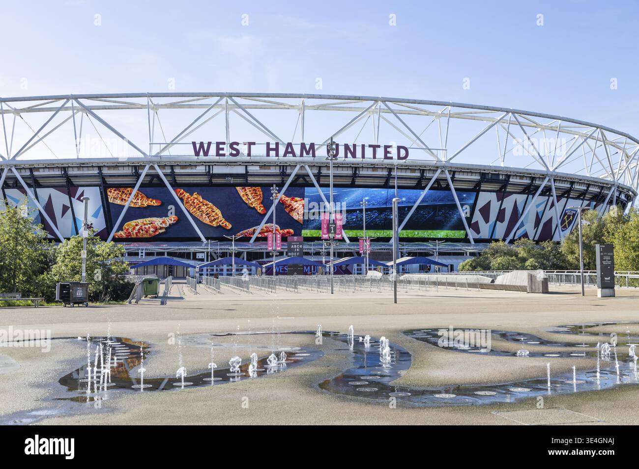 The impressive London Stadium, home to West Ham United, stands majestically in Queen Elizabeth Olympic Park. London, UK, 15 October 2023 Stock Photo