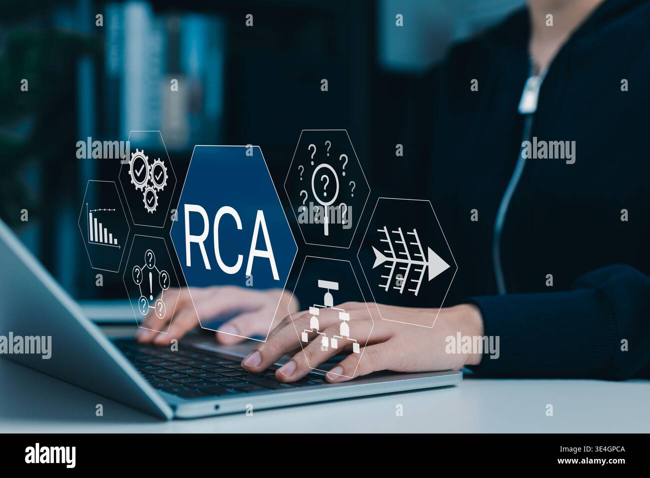 Root Cause Analysis Problem Solving Concept. RCA interface, question, process diagram, performance chart, workflow, issue investigation, problem ident Stock Photo