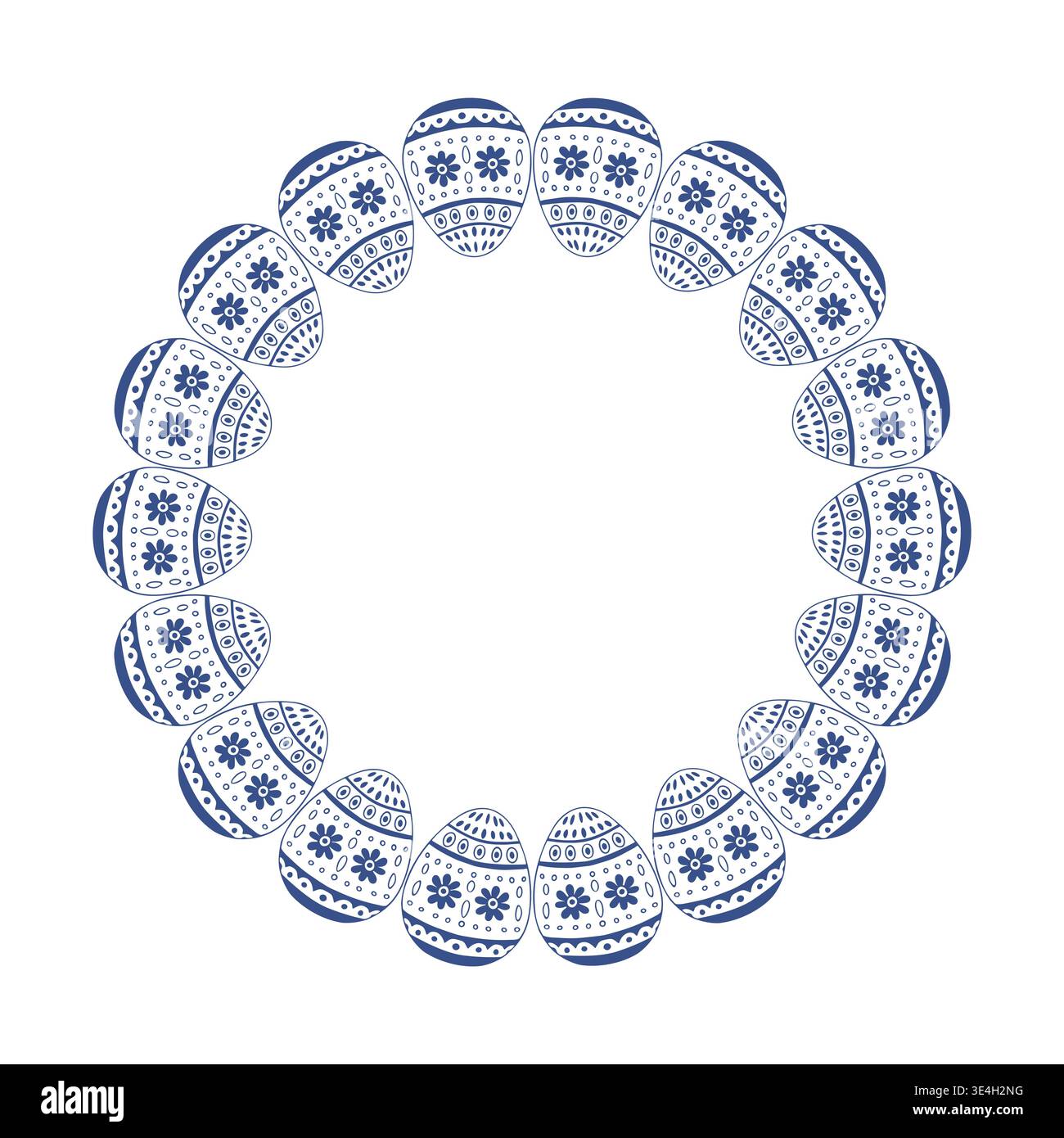 Floral Easter eggs circle frame in folk blue outline style. Vector isolated illustration on white background. Stock Vector