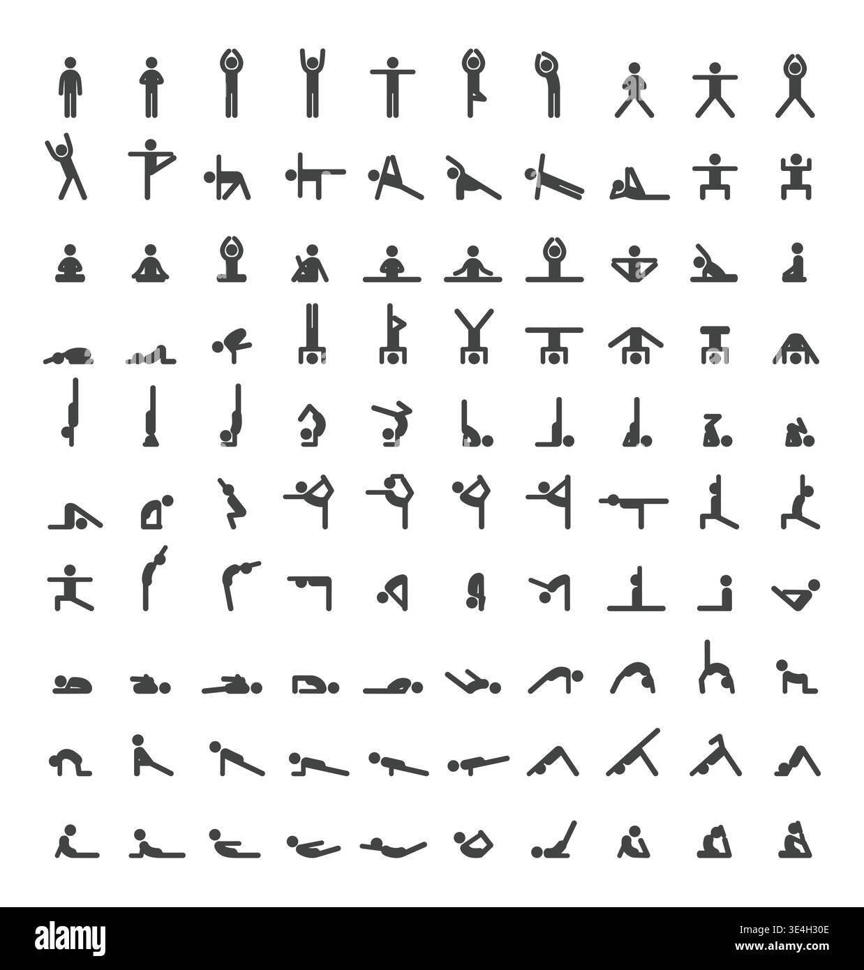 Collection of stylized white yoga pose icons on white background ...