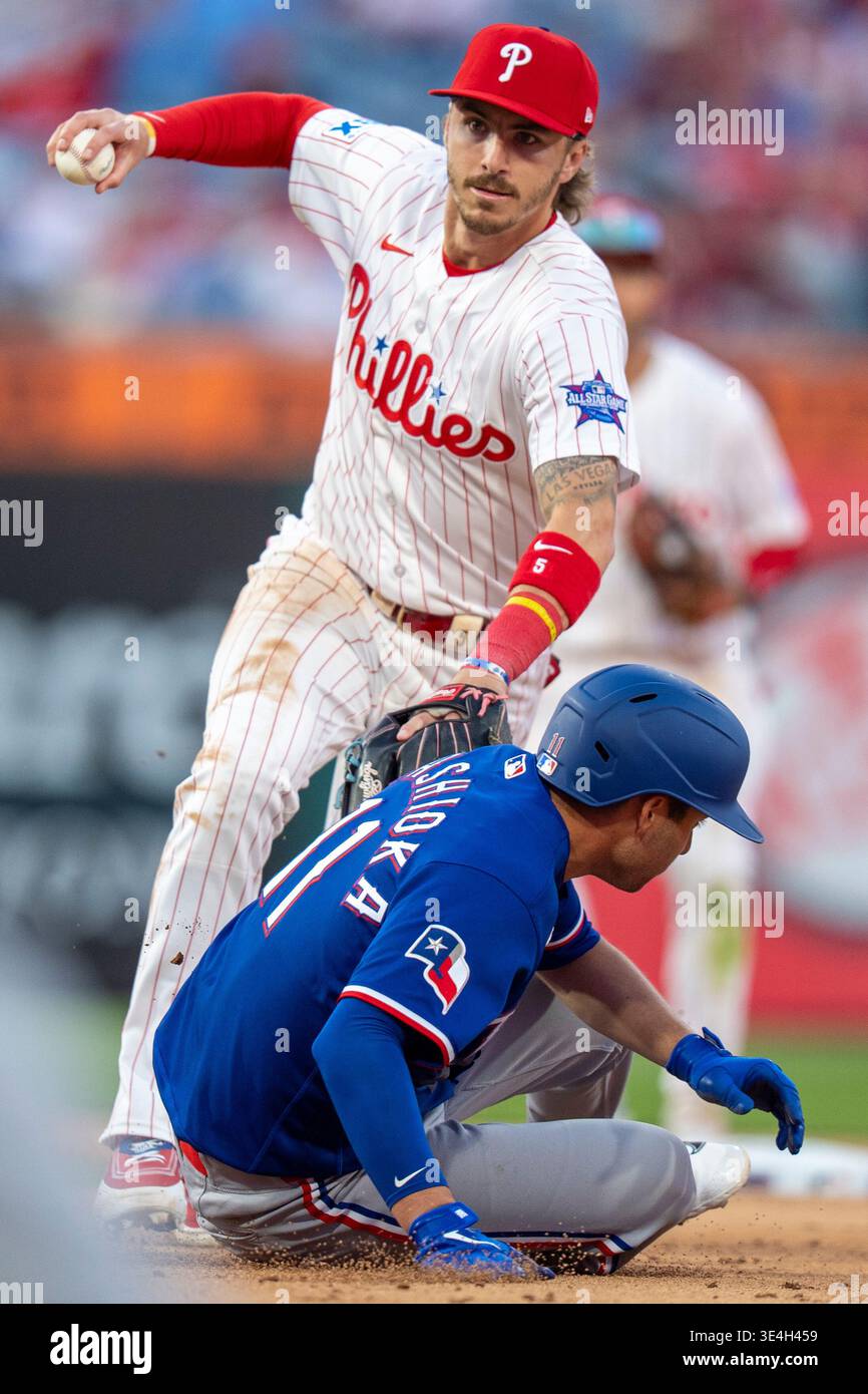 Philadelphia Phillies second baseman Bryson Stott, left, tried to trick ...