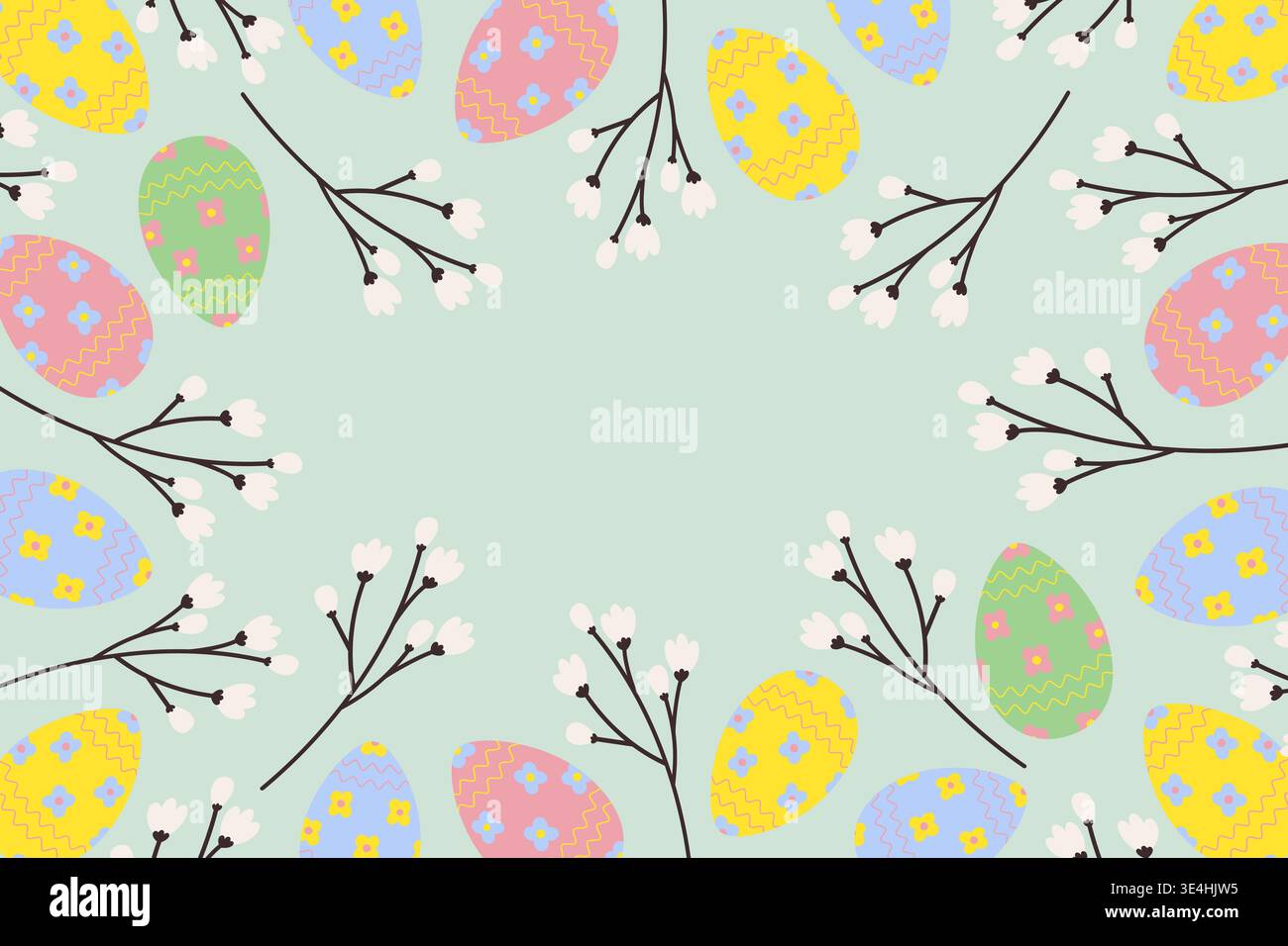 Easter Eggs and blooming sprigs Rectangular Frame border Minimalistic flat design Copyspace Template. Vector illustration Easter Holiday promo or media post template, banner, leaflet, label, price tag Stock Vector