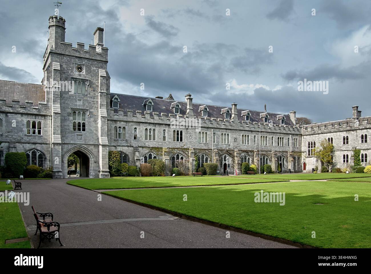 Wide view of the historic Tudor Gothic Main Quadrangle and courtyard at ...