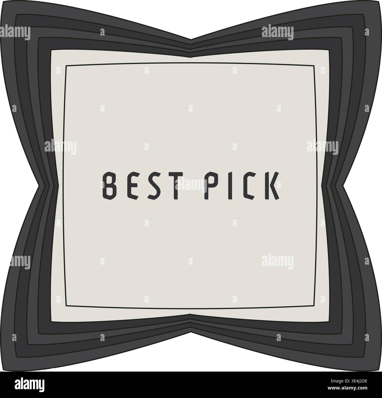 Decorative label illustration featuring best pick text centered inside a soft rectangular panel surrounded by a dark curved layered frame. Stock Vector