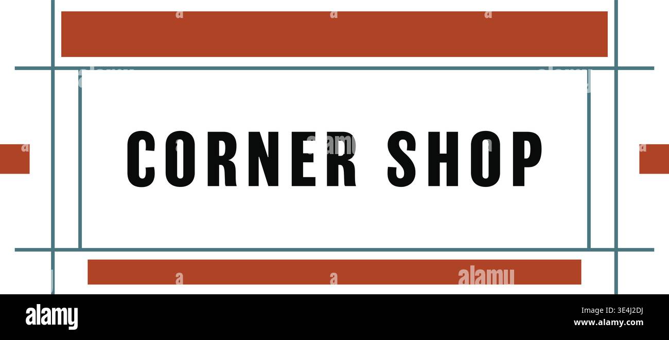 Decorative signboard illustration featuring corner shop text centered inside a rectangular frame with thin vertical supports and horizontal accent bar Stock Vector