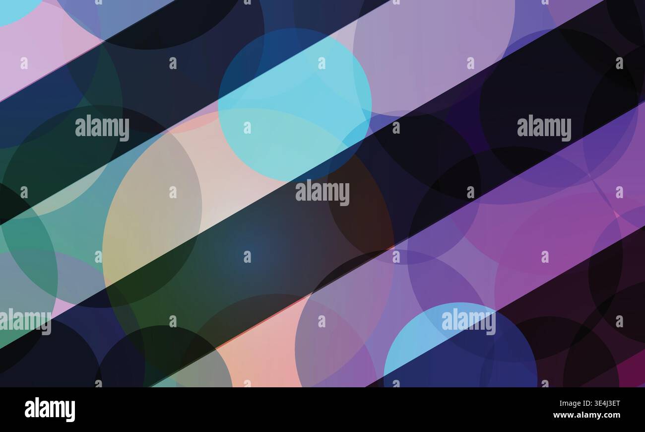Abstract background with overlapping colorful transparent circles and diagonal stripes, modern artistic design. Stock Vector
