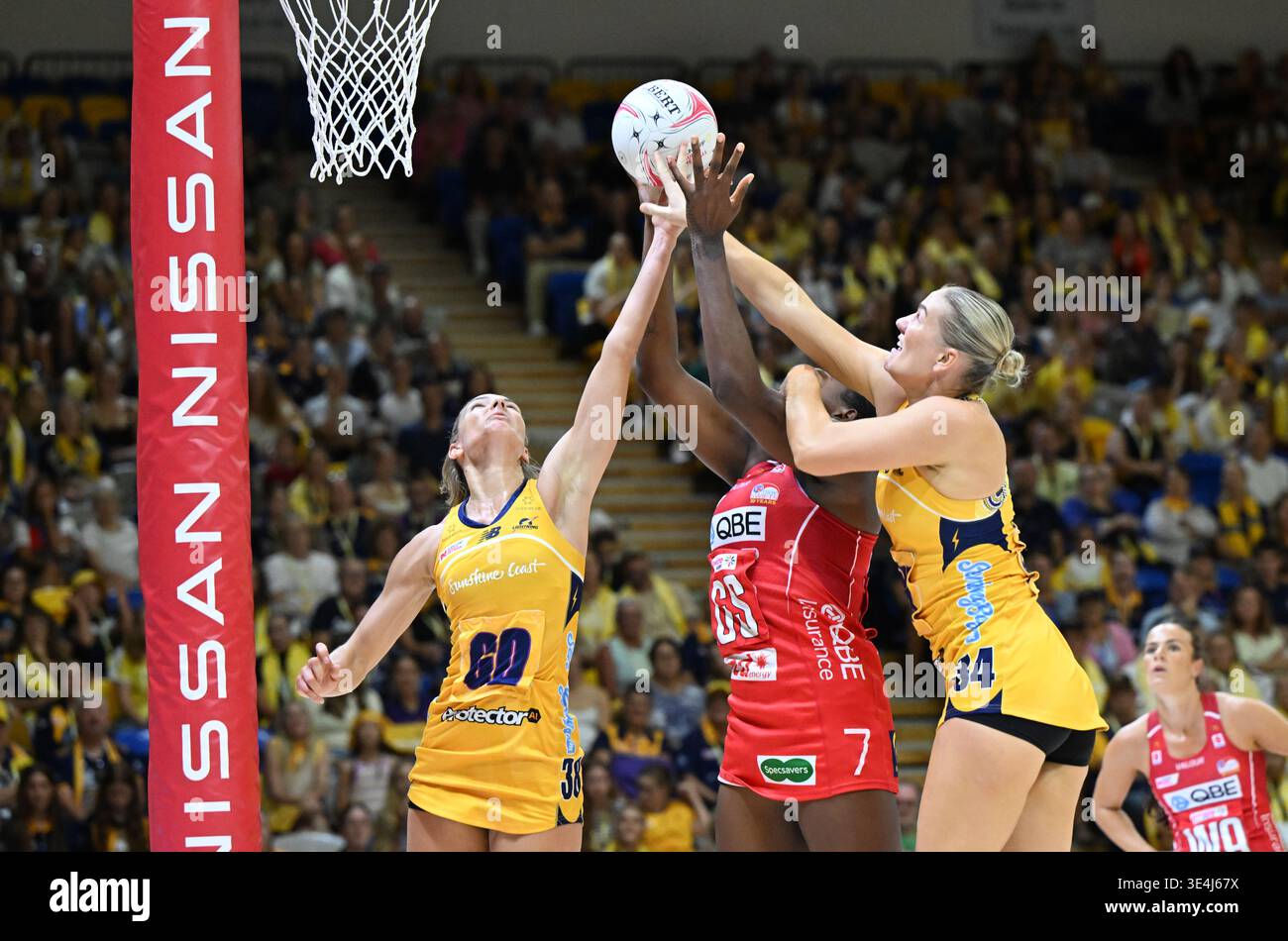 Grace Nweke (centre) of the Swifts contests for the ball against Karin ...